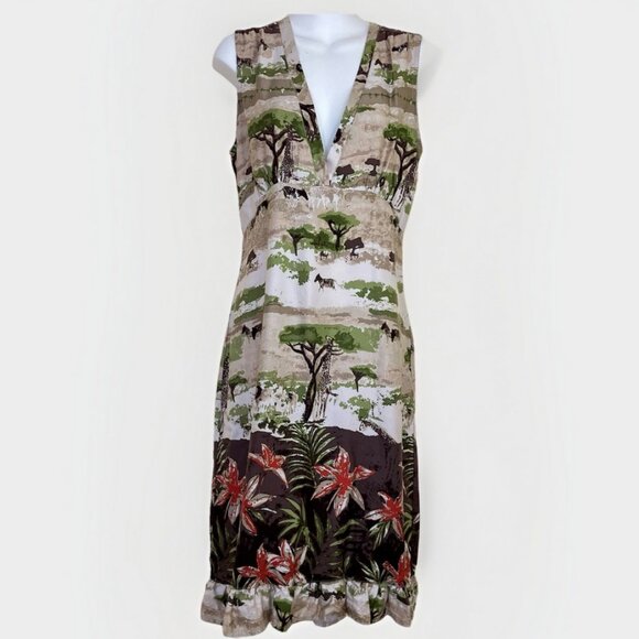 Safari Print Sleeveless Dress Empire Waist Vintage Y2K Line Two Women's Medium - Picture 1 of 7